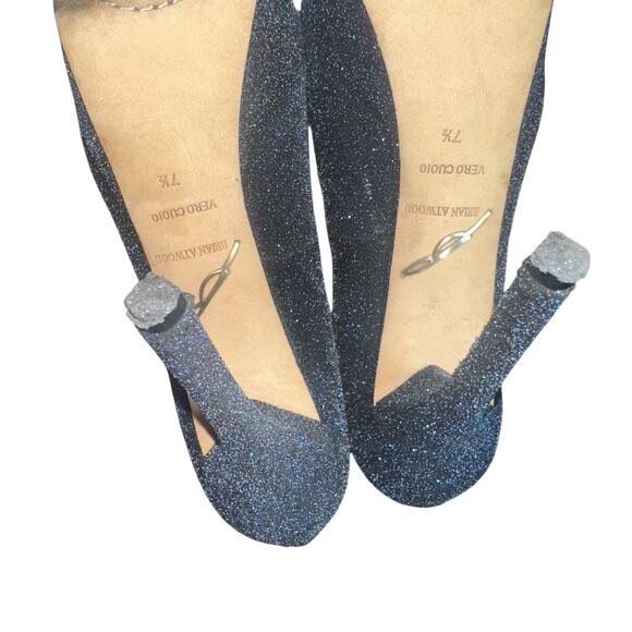 Brian Atwood Midnight Sparkle Platform Heels 7.5 Peep Toe Glitter Pumps - Picture 6 of 11